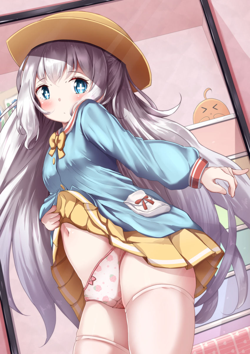 >_<, +_+, 1girl, azur_lane, blue_eyes, blue_shirt, blush, bow, bow_panties, bowtie, breasts, closed_mouth, clothes_lift, commentary_request, cosplay, female_focus, food_print, fruit_print, hat, highres, kindergarten_uniform, kisaragi_(azur_lane), kisaragi_(azur_lane)_(cosplay), le_malin_(azur_lane), lifting_own_clothes, long_hair, long_sleeves, looking_at_viewer, manjuu_(azur_lane), mochiyuki, navel, panties, pleated_skirt, print_panties, sailor_collar, school_hat, shirt, sidelocks, silver_hair, skirt, skirt_lift, sleeves_past_wrists, small_breasts, solo, strawberry_panties, strawberry_print, thighhighs, underwear, very_long_hair, white_panties, white_sailor_collar, white_thighhighs, yellow_bow, yellow_bowtie, yellow_hat, yellow_skirt