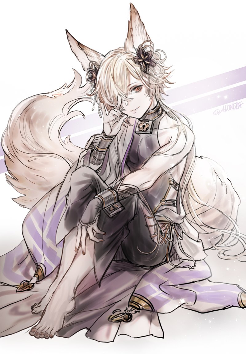 1boy, adoniszaf, animal_ears, backless_outfit, blonde_hair, fox_boy, fox_ears, fox_tail, granblue_fantasy, hair_over_one_eye, kou_(granblue_fantasy), large_tail, looking_at_viewer, male_focus, nail_polish, side-tie_legwear, sideless_outfit, tail