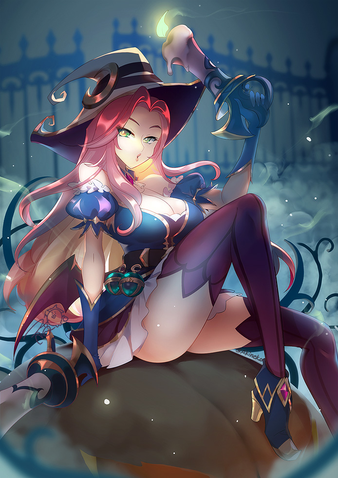 1girl, bewitching_miss_fortune, boots, breasts, candle, cat, cleavage, gun