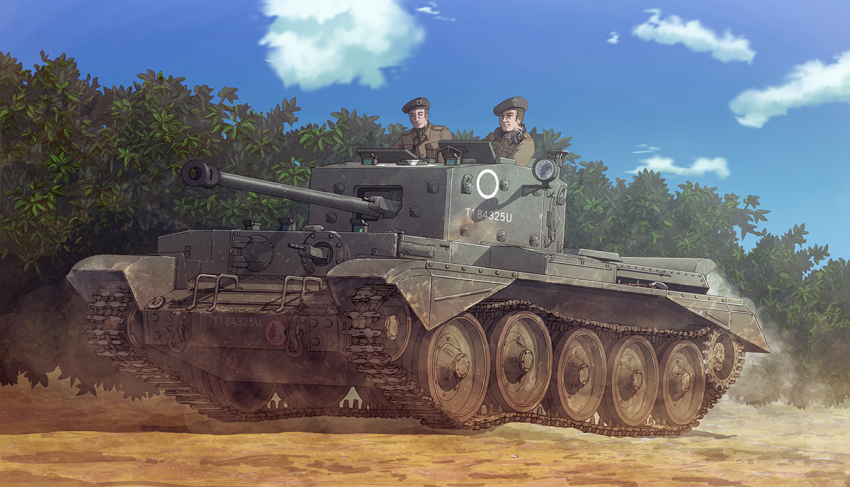 2boys, beret, cloud, commentary_request, cromwell_(tank), day, dust, earasensha