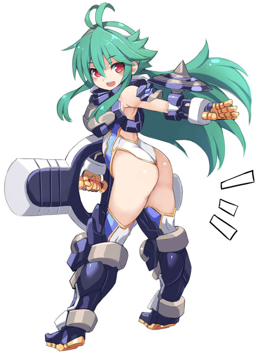 1girl, antenna_hair, arm_shield, armored_boots, ass, bare_shoulders, blue_thighhighs, boots