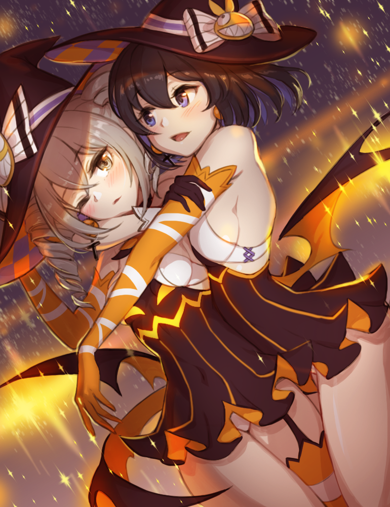 2girls, :d, asymmetrical_gloves, bad_id, bad_pixiv_id, bare_shoulders, black_gloves, black_hair