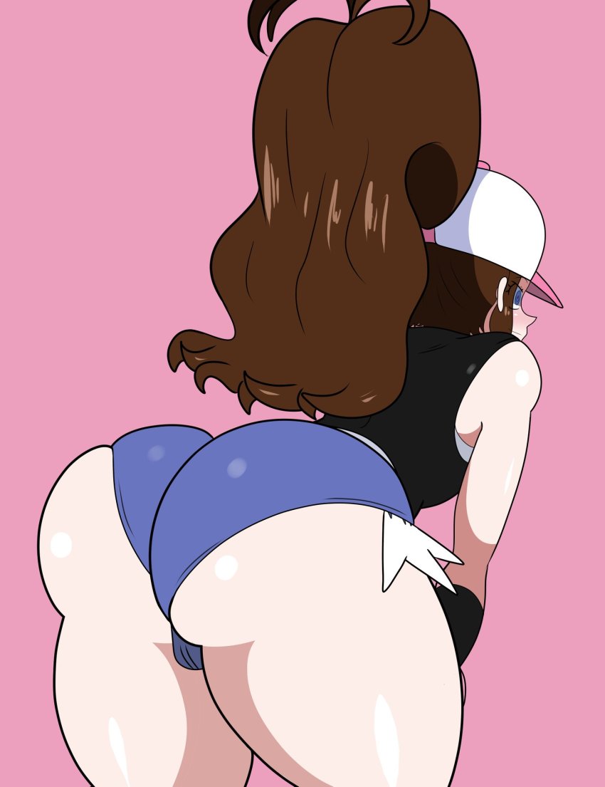 1girl, antenna_hair, ass, back, baseball_cap, bent_over, black_shirt, blue_eyes, blue_shorts, brown_hair, closed_mouth, cutoffs, denim, denim_shorts, eyelashes, eyes_visible_through_hair, female_focus, from_behind, hands_on_own_thighs, hat, high_ponytail, highres, hilda_(pokemon), huge_ass, long_hair, micro_shorts, nintendo, pink_background, pink_hat, pokemon, pokemon_black_and_white, ponytail, shingattai, shirt, shorts, simple_background, skindentation, sleeveless, sleeveless_shirt, smirk, solo, thick_thighs, thighs, white_hat, white_shirt, wristband