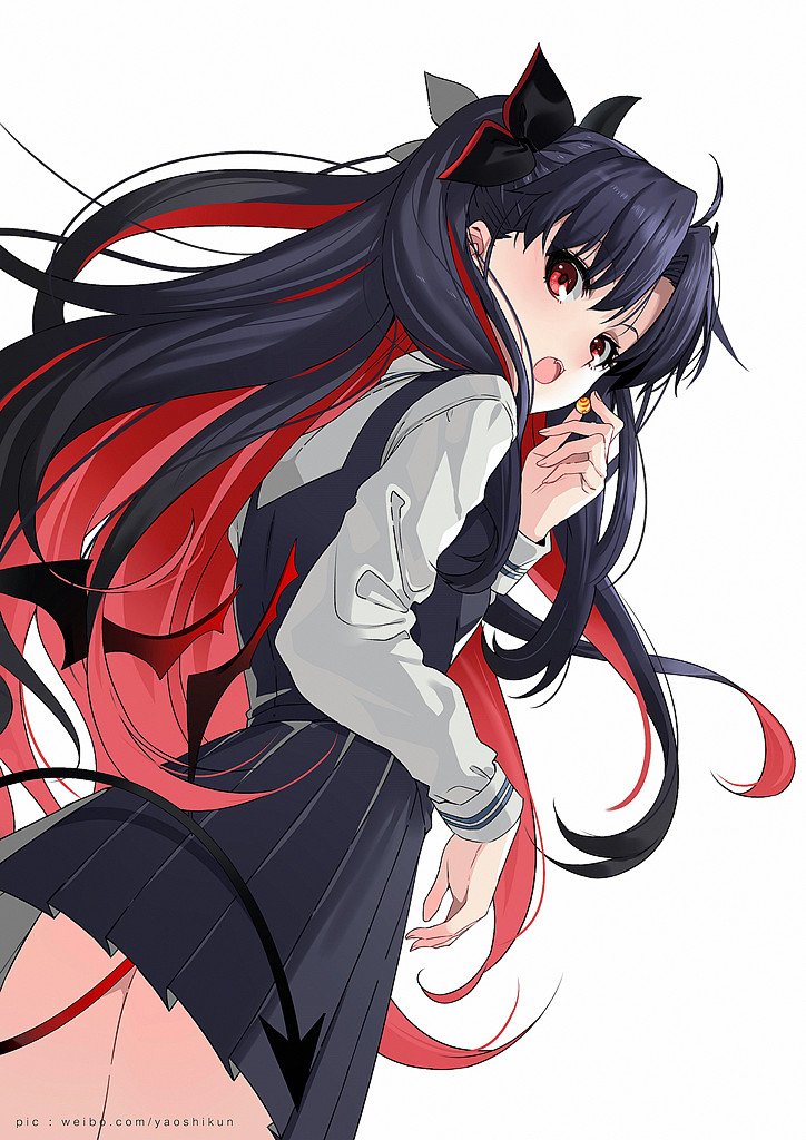 1girl, artist_name, bat_wings, bow, candy, fangs, fate/stay_night, fate_(series)