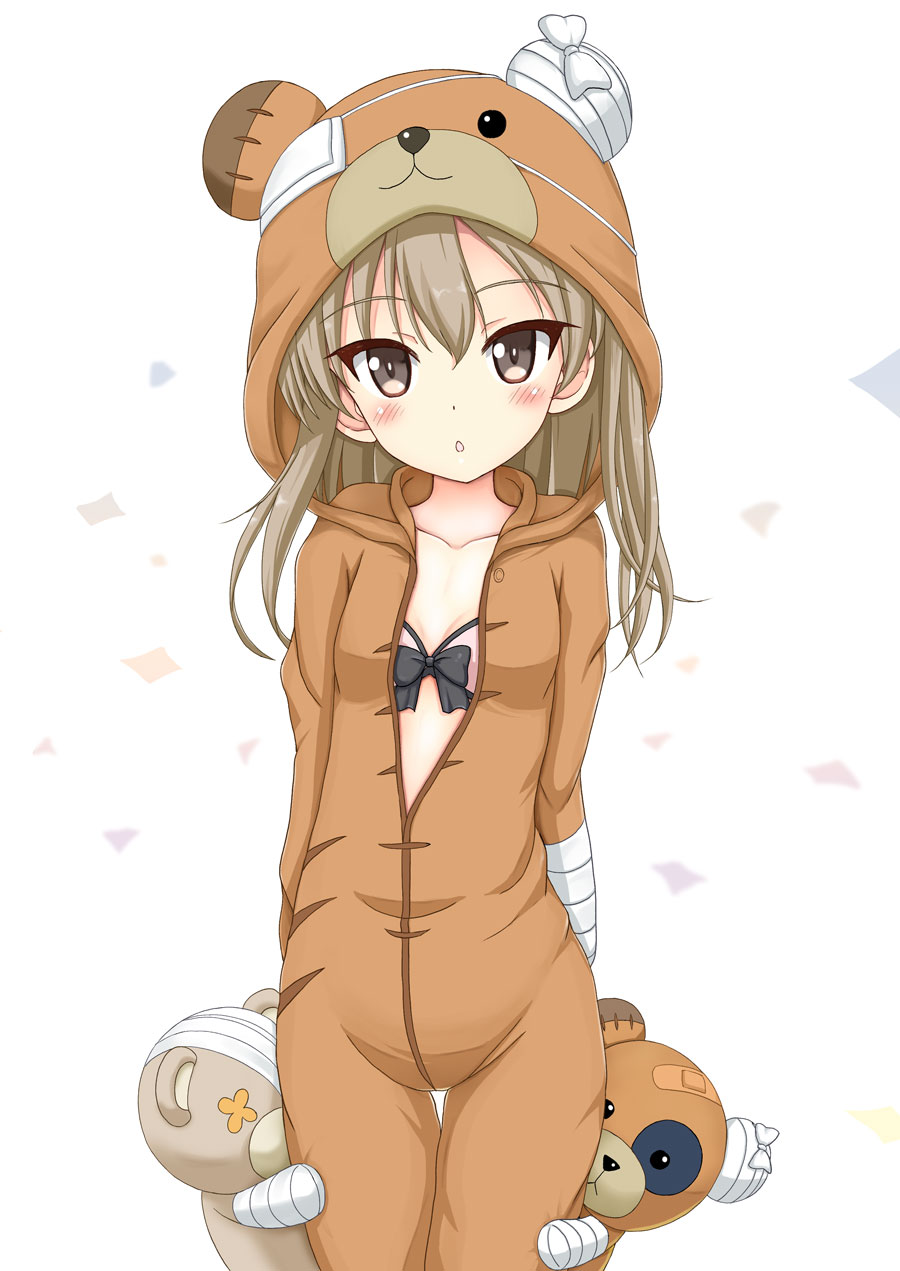 1girl, :o, animal_costume, animal_ears, animal_hood, bandaged_arm, bandages, bear_costume