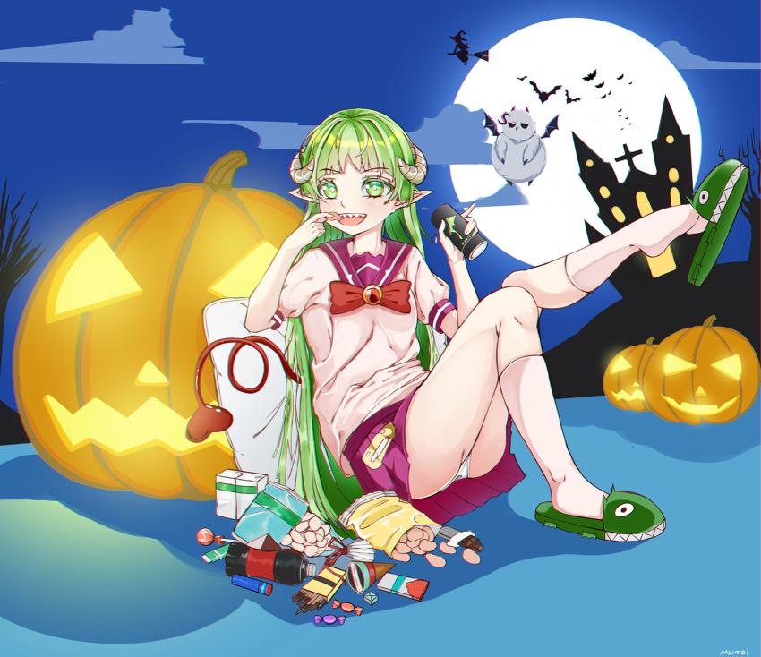 10s, 1boy, 1girl, 2019, blunt_bangs, candy, demon_girl, demon_tail, food, full_body, green_eyes, green_hair, halloween, heart, highres, hime_cut, horns, leg_up, looking_at_viewer, mairimashita!_iruma-kun, matching_hair/eyes, naberius_kalego, night, on_ground, outdoors, panties, pantyshot, pink_shirt, pleated_skirt, pointy_ears, school_uniform, serafuku, shirt, sitting, skirt, smile, solo_focus, tail, tareme, teeth, underwear, valac_clara