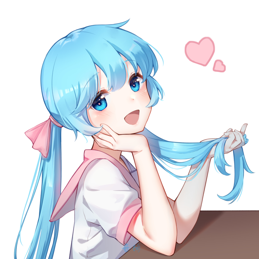 1girl, 779420, :d, absurdres, alternate_costume, blue_eyes, blue_hair, blush, commentary_request, female_focus, from_side, hair_ribbon, hand_in_own_hair, hand_on_own_cheek, hand_on_own_face, hatsune_miku, heart, heart-shaped_pupils, highres, long_hair, looking_at_viewer, looking_to_the_side, open_mouth, pink_ribbon, pink_sailor_collar, ribbon, sailor_collar, shirt, short_sleeves, simple_background, smile, solo, symbol-shaped_pupils, table, upper_body, vocaloid, white_background, white_shirt