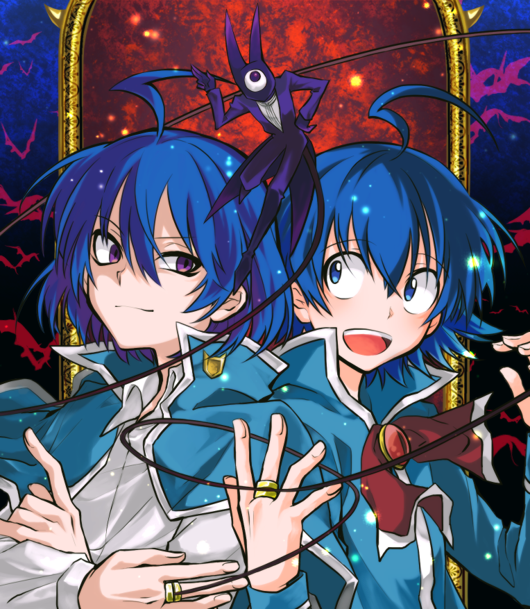 10s, 3boys, ahoge, arikured, bat_(animal), blue_eyes, blue_hair, crossed_arms