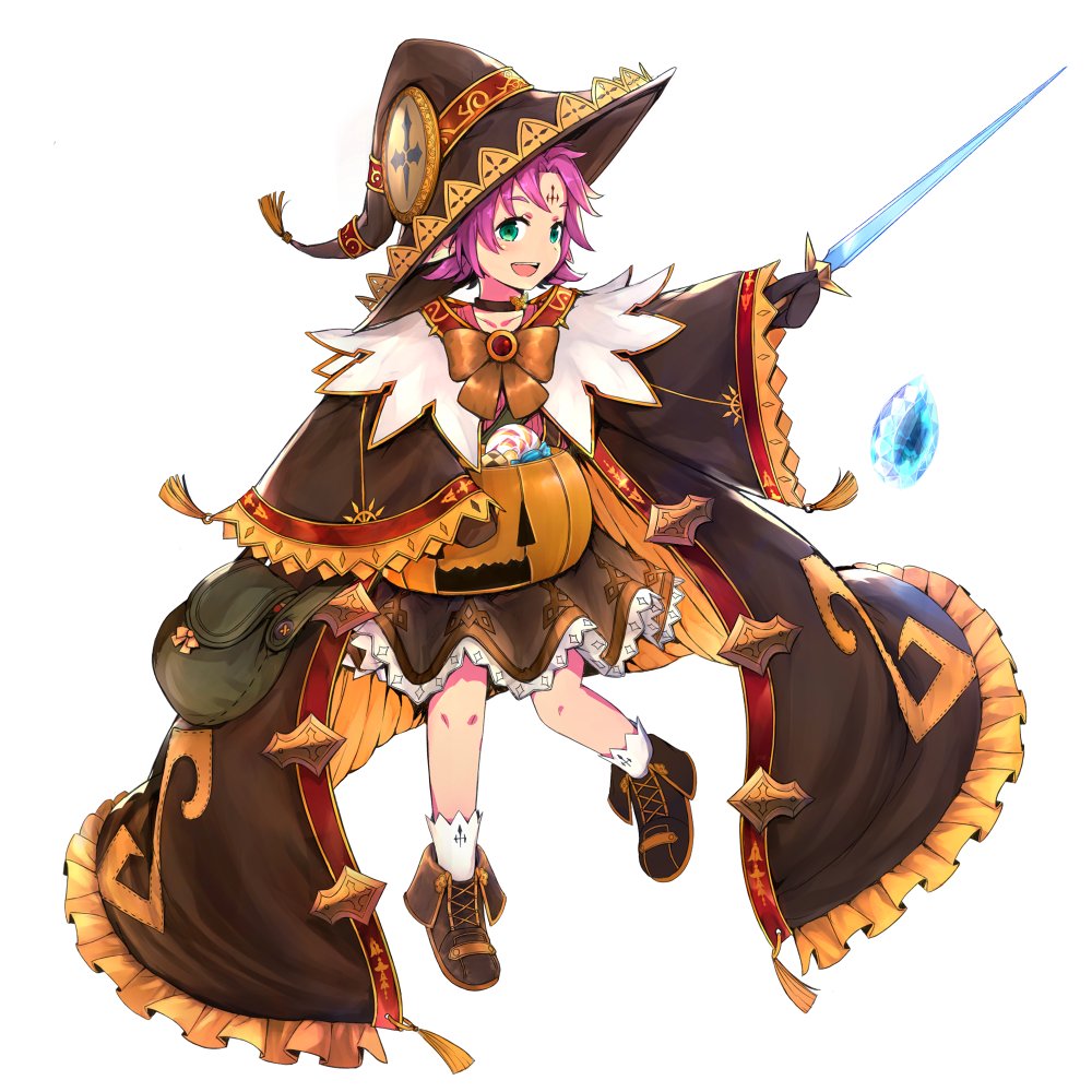 1girl, bow, bozugame, dress, facial_mark, fae_(fire_emblem), female_focus, fire_emblem, fire_emblem:_the_binding_blade, fire_emblem_heroes, forehead_mark, full_body, green_eyes, halloween_costume, hat, holding, holding_sword, holding_weapon, long_sleeves, nintendo, open_mouth, purple_hair, short_hair, simple_background, solo, sword, weapon, white_background, wide_sleeves, witch_hat