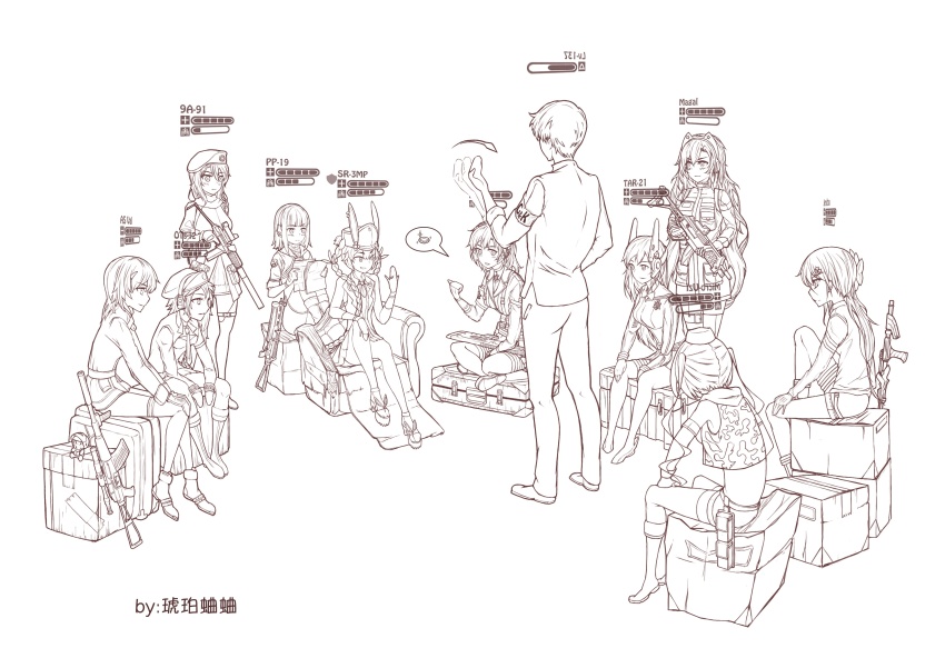 1boy, 6+girls, 9a-91, 9a-91_(girls'_frontline), absurdres, acog, ammunition, artist_request
