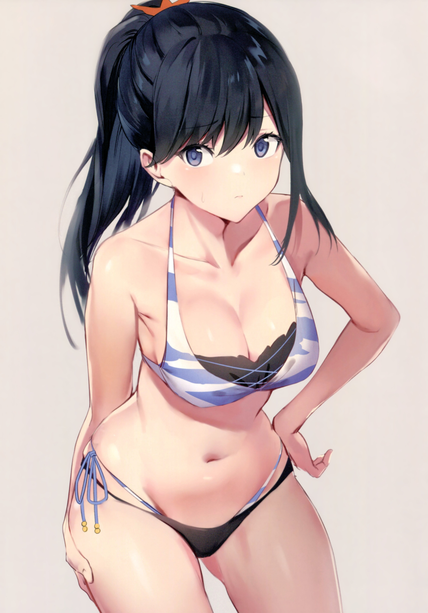 1girl, absurdres, beige_background, bikini, black_hair, blue_eyes, breasts, cleavage