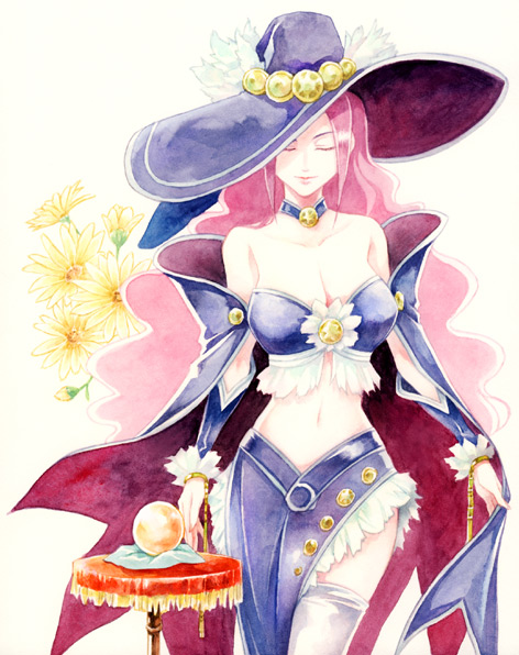 1girl, agahari, alicia_(rune_factory), arms_at_sides, bad_id, bad_pixiv_id, bare_shoulders, black_cape, black_choker, black_hat, black_skirt, breasts, cape, choker, cleavage, closed_eyes, closed_mouth, flower, hat, jewelry, large_breasts, lips, lipstick, long_hair, long_skirt, makeup, midriff, navel, neck, necklace, parted_bangs, pelvic_curtain, red_hair, revealing_clothes, rune_factory, rune_factory_2, side_slit, skirt, standing, strapless, thighhighs, very_long_hair