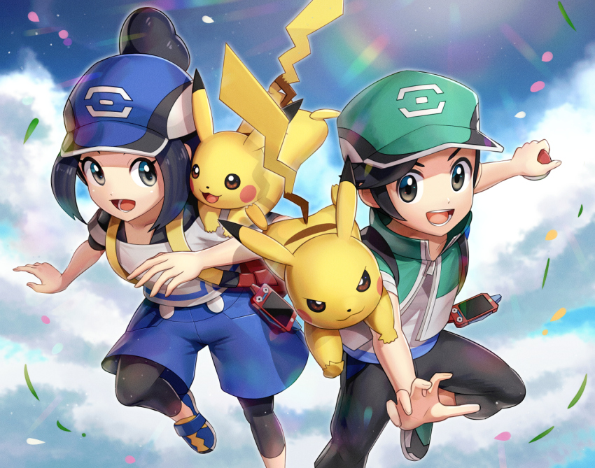 1boy, 1girl, :d, backpack, bag, baseball_cap, bettie_(pokemon), black_hair