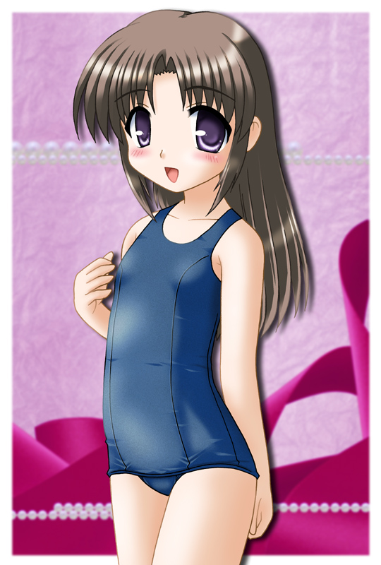 00s, 1girl, blue_one-piece_swimsuit, blue_school_swimsuit, blush, brown_hair, collarbone, female_focus