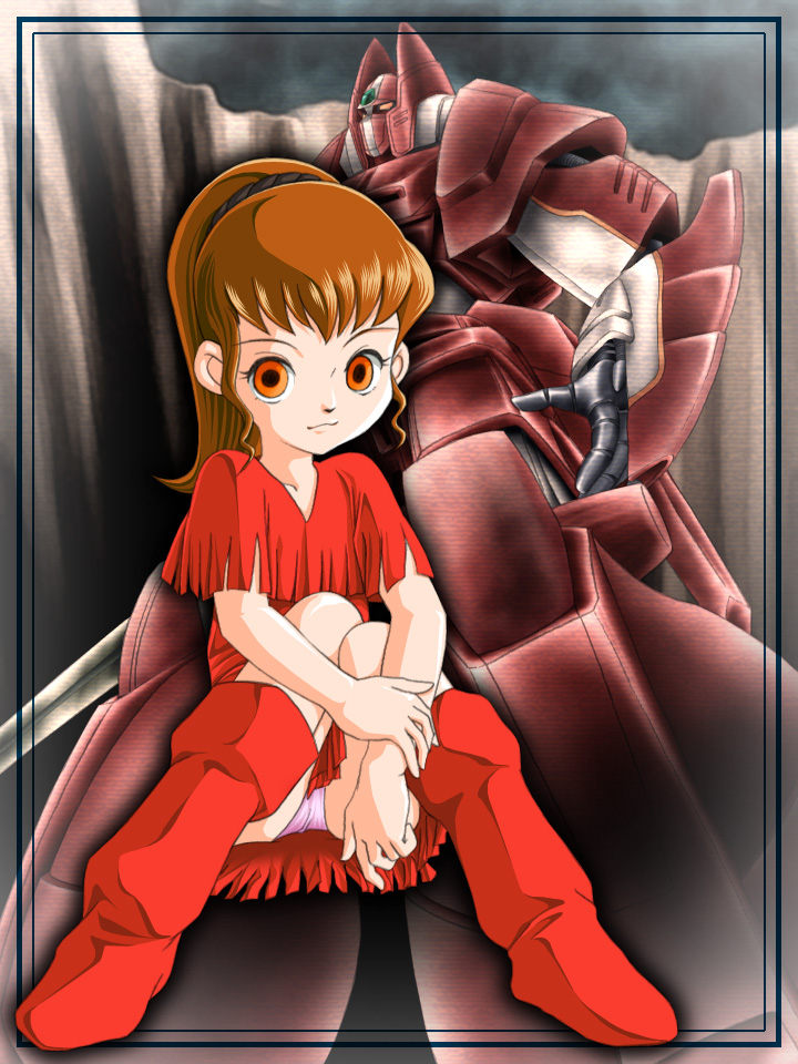 1980s_(style), 1girl, :3, bad_id, bad_pixiv_id, boots, brown_hair, child, chururu, fringe_trim, galient, kikou-kai_galient, knee_boots, mecha, oldschool, orange_eyes, panties, pantyshot, ponytail, retro_artstyle, robot, sitting, underwear, zummy