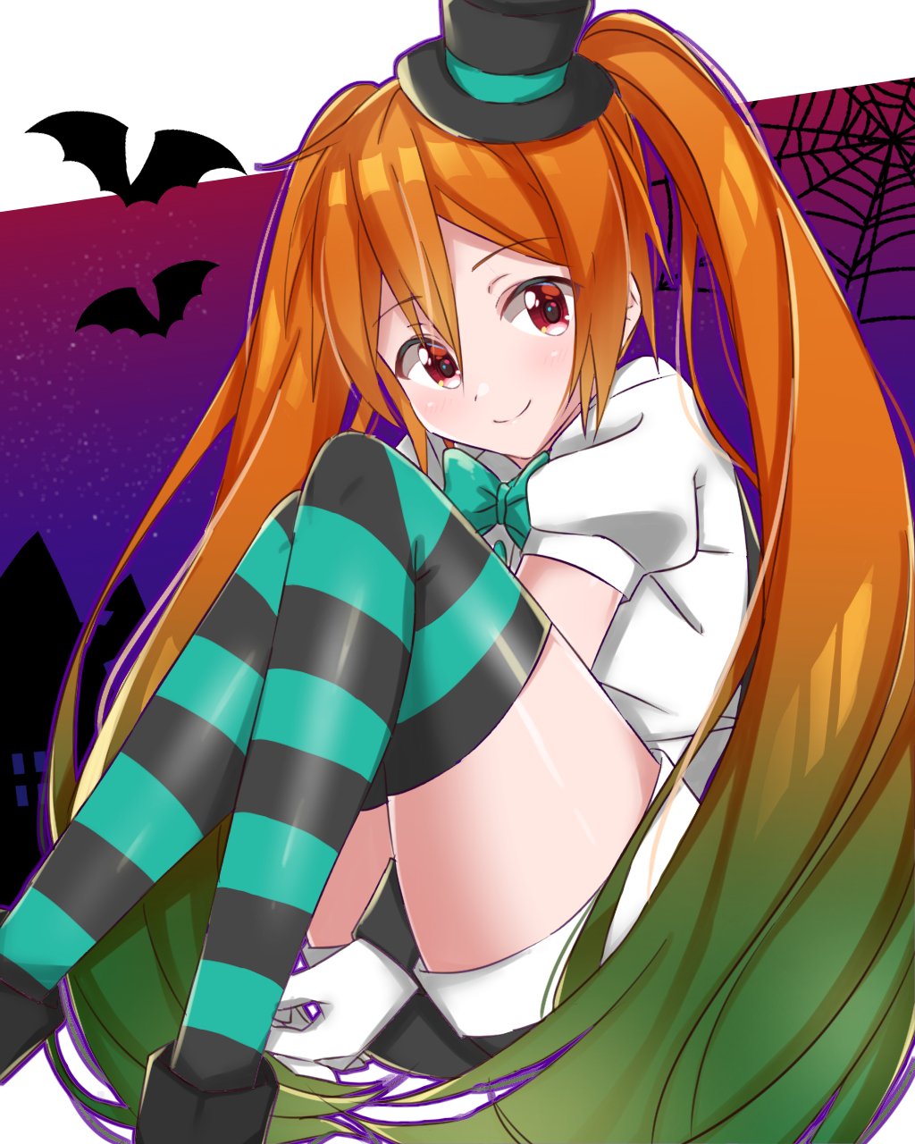 1girl, alternate_hairstyle, aqua_bow, aqua_bowtie, bat_(animal), between_legs, blush, bow