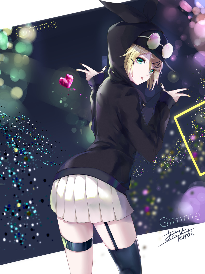 1girl, asahi_kuroi, asymmetrical_legwear, black_bow, black_hoodie, black_nails, black_thighhighs, blonde_hair