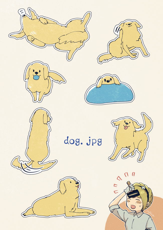 1girl, ace_combat, ace_combat_7, asymmetrical_hair, blonde_hair, blush, braid, crown_braid, dog, english_text, female_focus, gloves, hairband, hammer, holding, holding_hammer, oage_(o_ag_e4), princess, rosa_cossette_d'elise, shirt, simple_background, sleeves_rolled_up, solo, sound_effects, sticker, sweat, tail, tail_wagging, tongue, tongue_out, toolbox, upper_body, white_gloves, white_shirt