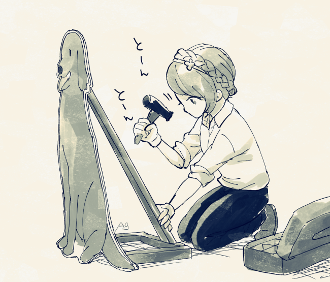 1girl, ace_combat, ace_combat_7, artist_name, asymmetrical_hair, black_pants, blonde_hair, braid, cardboard_cutout, character_cutout, crown_braid, dog, eyelashes, female_focus, gloves, hairband, hammer, holding, holding_hammer, oage_(o_ag_e4), pants, princess, rosa_cossette_d'elise, sepia, shirt, shoes, simple_background, sleeves_rolled_up, solo, sound_effects, toolbox, white_shirt, wood