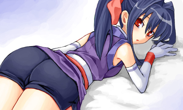 1girl, ass, bike_shorts, blue_hair, blush, drawr, elbow_gloves, female_focus