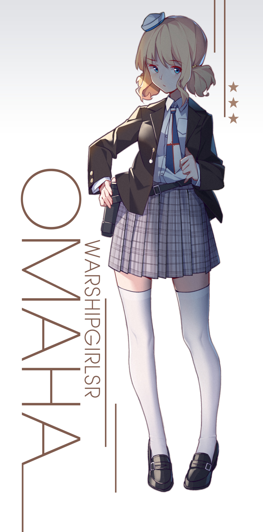 1girl, absurdres, arnold-s, bad_id, bad_pixiv_id, black_shoes, blonde_hair, blue_eyes, blue_necktie, brown_jacket, character_name, female_focus, full_body, grey_skirt, hat, highres, jacket, loafers, long_sleeves, mini_hat, multicolored_neckwear, necktie, omaha_(warship_girls_r), open_clothes, open_jacket, plaid_clothes, plaid_skirt, pleated_skirt, shirt, shoes, skirt, solo, standing, thighhighs, warship_girls_r, white_hat, white_necktie, white_shirt, white_thighhighs