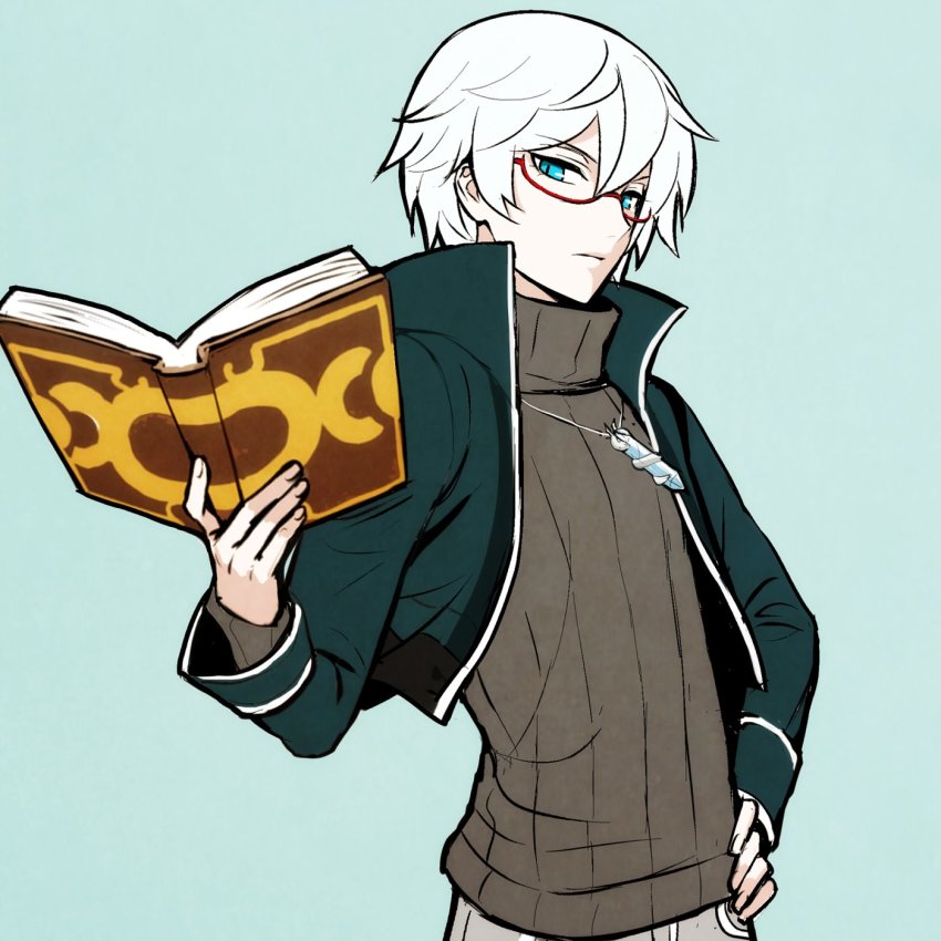 amulet, blue_eyes, book, chaos_(under_night_in-birth), glasses, highres, holding, holding_book