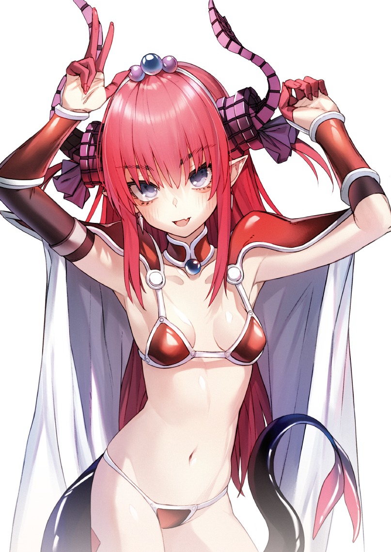 1girl, armor, arms_up, bikini_armor, blush, breasts, cape, collarbone