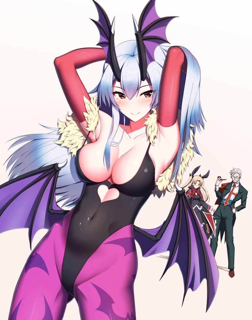 1boy, 2girls, animal_print, armpits, arms_behind_head, arms_up, bare_shoulders, bat_print, black_dress, black_leotard, blazblue, blonde_hair, blush, breasts, capcom, cleavage, closed_mouth, clothing_cutout, collarbone, cosplay, covered_navel, darkstalkers, demon_girl, dress, ereshkigal_(fate), fate/grand_order, fate_(series), formal_clothes, guilty_gear, hair_between_eyes, head_wings, heart_cutout, helmet, highleg, highleg_leotard, highres, horns, james_moriarty_(archer)_(fate), kuroshiro_(ms-2420), large_breasts, leotard, long_hair, looking_at_viewer, monocle, morrigan_aensland, morrigan_aensland_(cosplay), multiple_girls, oni_horns, pantyhose, pipe, print_legwear, purple_legwear, rachel_alucard, rachel_alucard_(cosplay), red_eyes, silver_hair, simple_background, slayer_(guilty_gear), slayer_(guilty_gear)_(cosplay), smile, solo_focus, suit, thighs, tomoe_gozen_(fate), voice_actor_connection, white_background, wings
