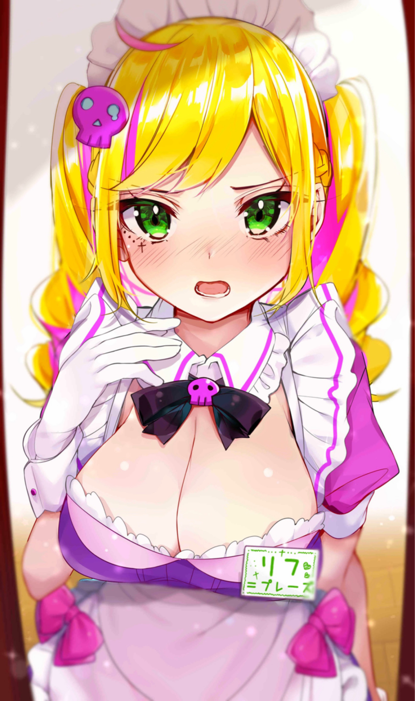 1girl, absurdres, black_ribbon, blonde_hair, blush, bow, breasts, cleavage, commentary_request, drill_hair, female_focus, green_eyes, highres, indie_virtual_youtuber, large_breasts, lif_prase, looking_at_viewer, maid_headdress, mole, mole_under_eye, pink_bow, pink_skull, ribbon, rouka_(akatyann), skull, solo, virtual_youtuber