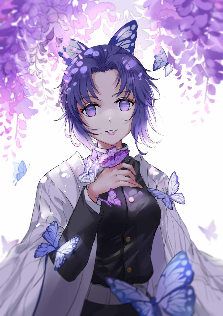 1girl, absurdres, aircf, black_jacket, bug, butterfly, butterfly_hair_ornament, female_focus, flower, hair_intakes, hair_ornament, haori, highres, insect, jacket, japanese_clothes, kimetsu_no_yaiba, kochou_shinobu, long_sleeves, looking_at_viewer, military_jacket, parted_lips, purple_eyes, purple_flower, purple_hair, short_hair, solo, standing, upper_body, white_background, wisteria