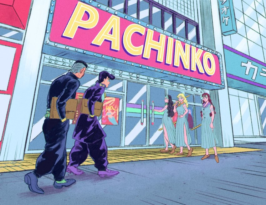 2boys, 2girls, akemi_(jojo), bag, bookbag, brown_footwear, delinquent, diamond_wa_kudakenai