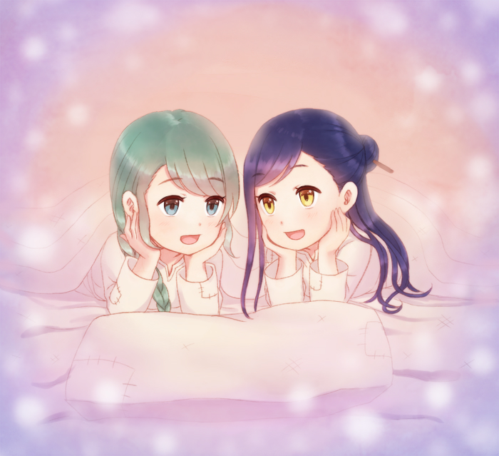 2girls, :d, blanket, blue_eyes, blue_hair, braid, family_bonding, green_hair