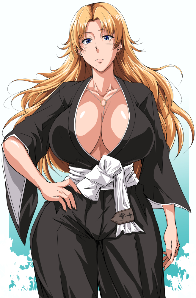 1girl, bleach, blue_eyes, breasts, cleavage, japanese_clothes, jewelry, kimura_naoki, large_breasts, long_hair, matsumoto_rangiku, no_bra, orange_hair, shiny_skin, standing