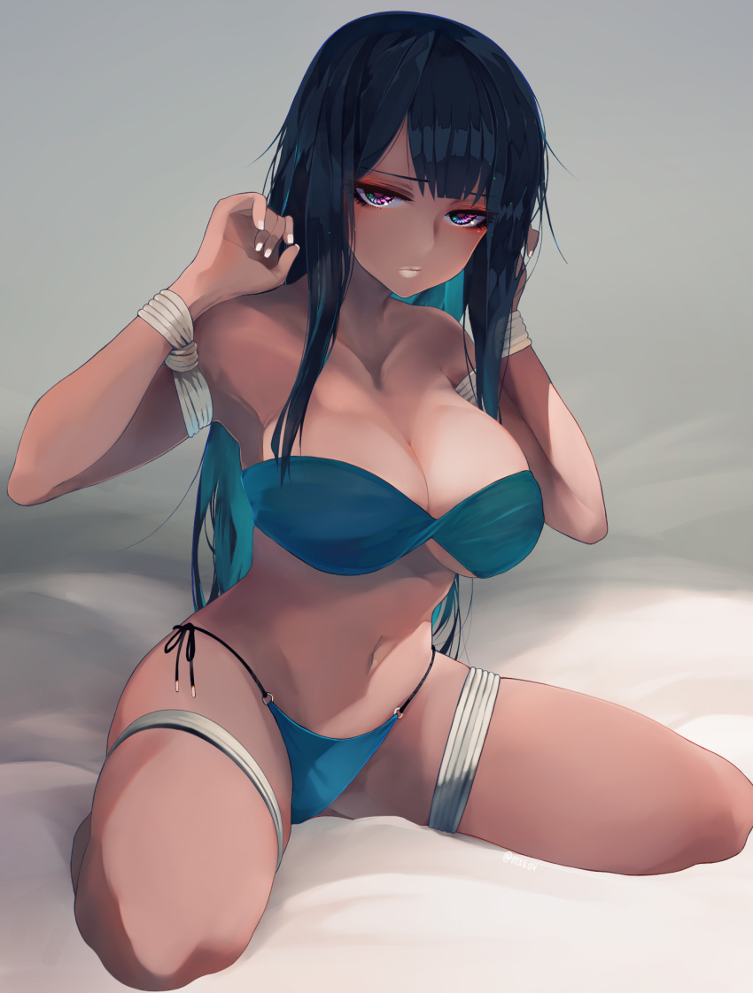 1girl, bandeau, bed_sheet, bikini, black_hair, blue_bikini, blue_hair, bound