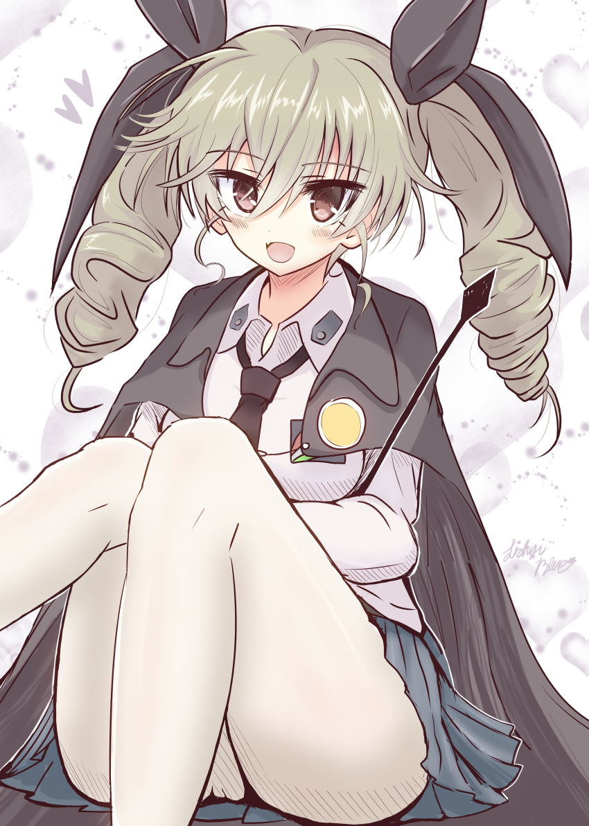1girl, :d, absurdres, anchovy_(girls_und_panzer), anzio_school_uniform, artist_name, black_cape, black_necktie