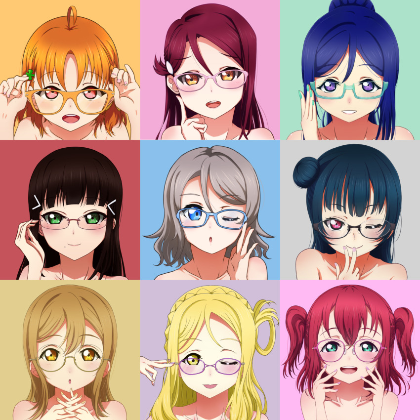 6+girls, adjusting_eyewear, ahoge, bare_shoulders, black_hair, blonde_hair, braid, brown_hair, closed_mouth, collarbone, finger_to_face, finger_to_mouth, glasses, grey_hair, hair_bun, hair_ornament, hair_rings, highres, horn-rim_eyewear, interlocked_fingers, kunikida_hanamaru, kurosawa_dia, kurosawa_ruby, long_hair, looking_at_viewer, love_live!, love_live!_sunshine!!, matsuura_kanan, mole, mole_under_mouth, montage, multiple_girls, nail_polish, ohara_mari, open_mouth, orange_hair, red_eyes, red_hair, sakurauchi_riko, short_hair, simple_background, single_hair_bun, takami_chika, teeth, tsushima_yoshiko, twintails, user_pdnh4575, watanabe_you, yellow_eyes