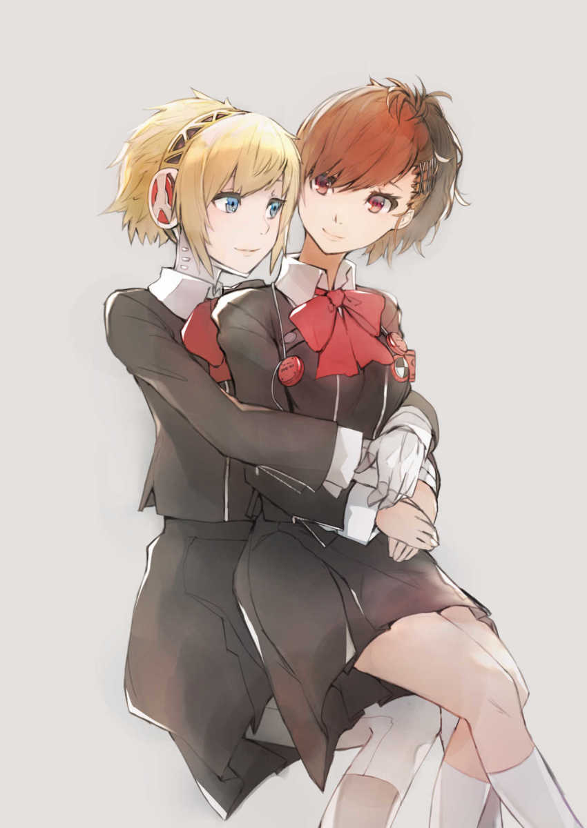 2girls, aigis_(persona), bana_(stand_flower), black_jacket, black_skirt, blonde_hair, blue_eyes, bow, bowtie, brown_hair, closed_mouth, collared_shirt, grey_background, hairband, highres, hug, hug_from_behind, invisible_chair, jacket, kneehighs, long_sleeves, miniskirt, multiple_girls, persona, persona_3, red_bow, red_eyes, red_neckwear, shiomi_kotone, shirt, short_hair, simple_background, sitting, sitting_on_lap, sitting_on_person, skirt, smile, socks, white_legwear, white_shirt, wing_collar, yuri