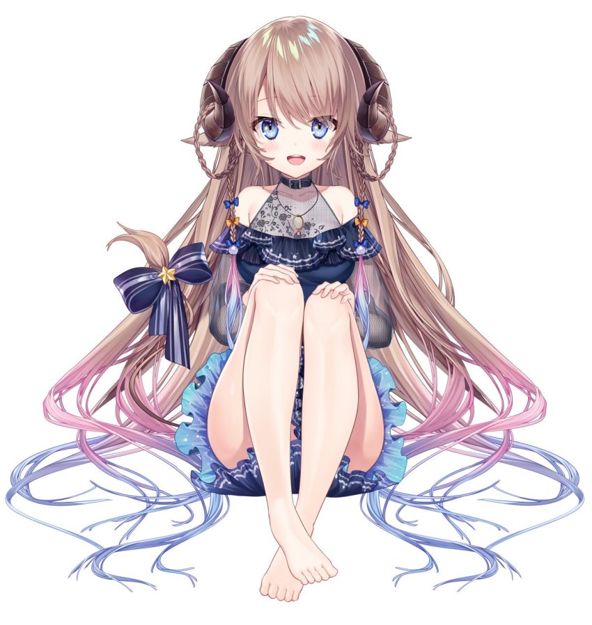 1girl, animal_ears, bare_shoulders, barefoot, blue_bow, blue_dress, blue_eyes, blue_hair, blush, bow, braid, braided_hair_rings, brown_hair, collarbone, curled_horns, dress, female_focus, full_body, gradient_hair, hair_between_eyes, hair_bow, hair_rings, highres, horns, indie_virtual_youtuber, legs, long_braid, long_hair, long_sleeves, multicolored_hair, nanase_subaru, nanase_subaru_(channel), off_shoulder, official_art, open_mouth, pink_hair, round_teeth, see-through_clothes, see-through_sleeves, simple_background, sitting, smile, solo, tail, tail_bow, tail_ornament, teeth, thighs, twin_braids, very_long_hair, virtual_youtuber, white_background, yellow_bow, yuya_(night_lily)