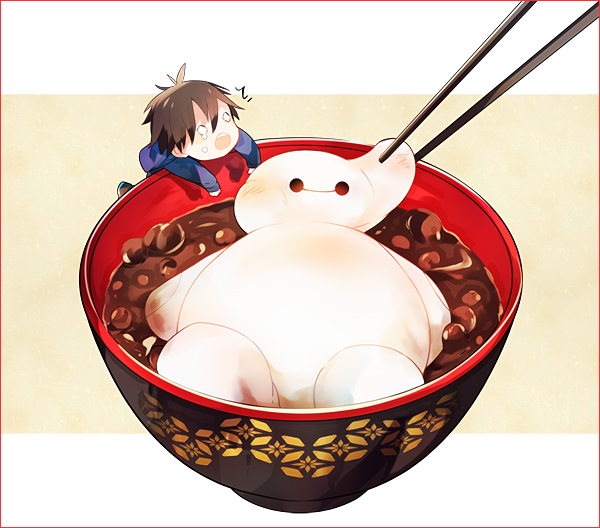 1boy, afloat, baymax, big_hero_6, black_hair, border, bowl, brown_hair