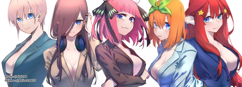 5girls, ani_lu, black_ribbon, blazer, blue_eyes, blunt_bangs, bow, breasts