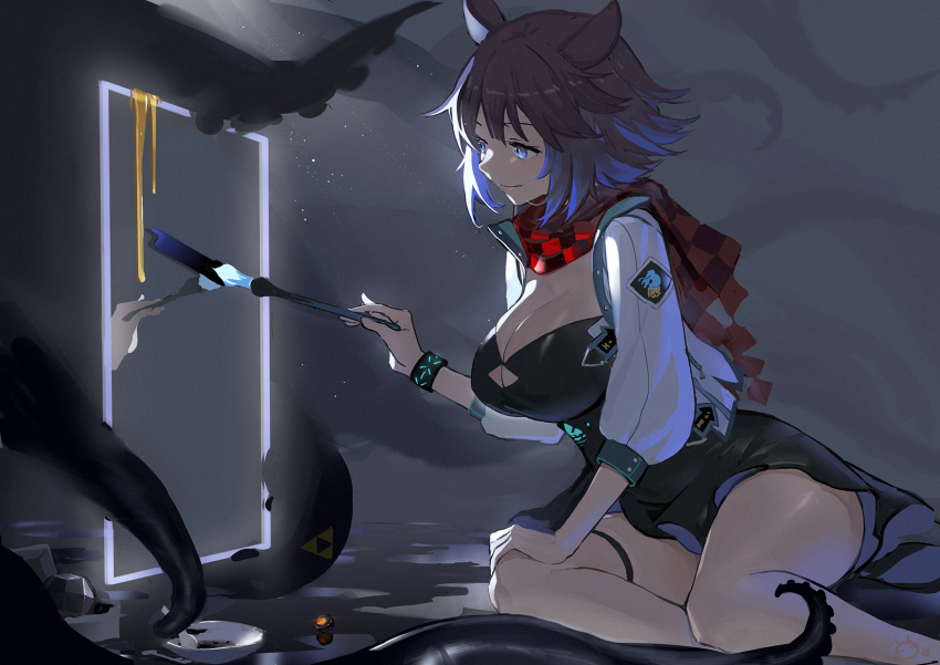 1girl, animal_ears, arknights, bare_legs, black_dress, black_hair, blue_eyes, blue_hair