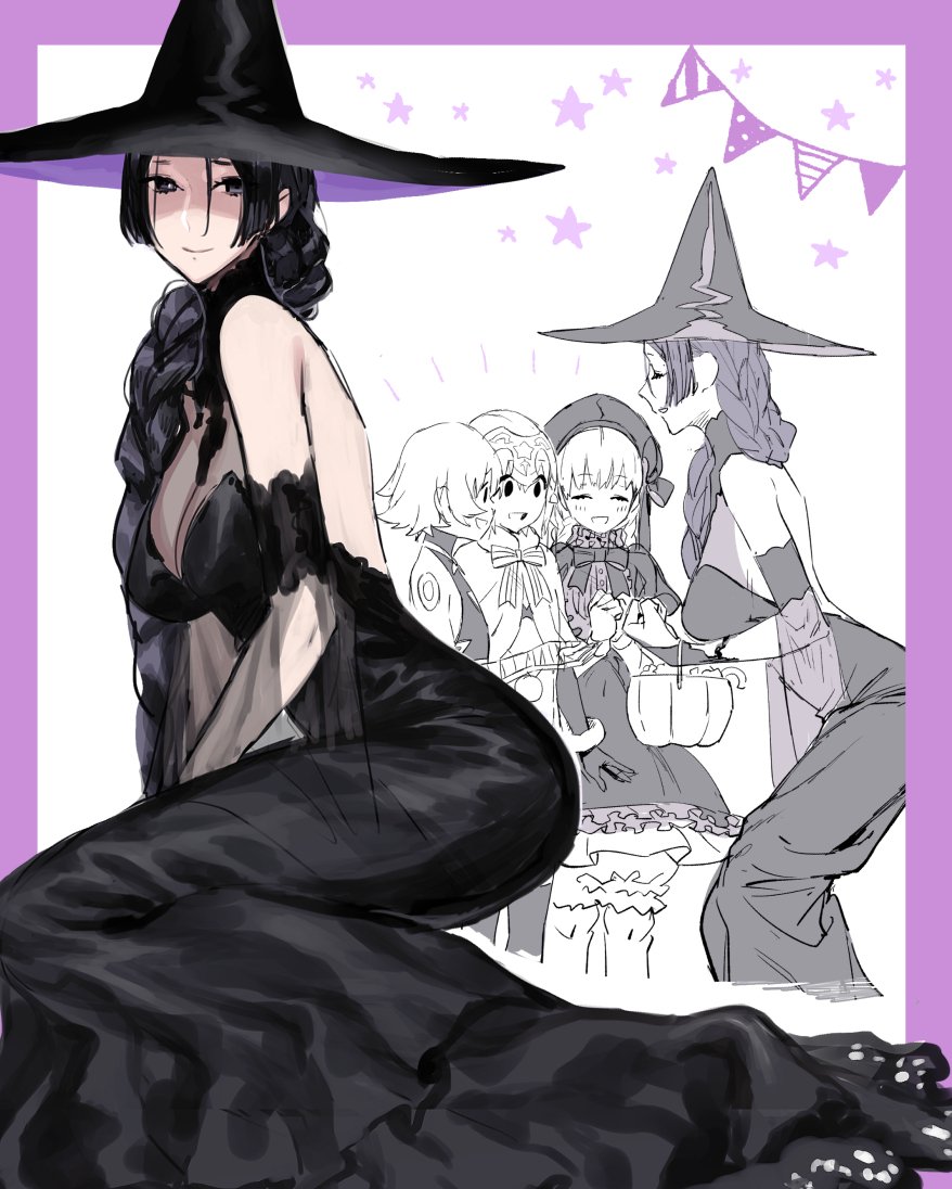 4girls, alternate_costume, basket, black_capelet, black_dress, black_eyes, black_hair, black_veil