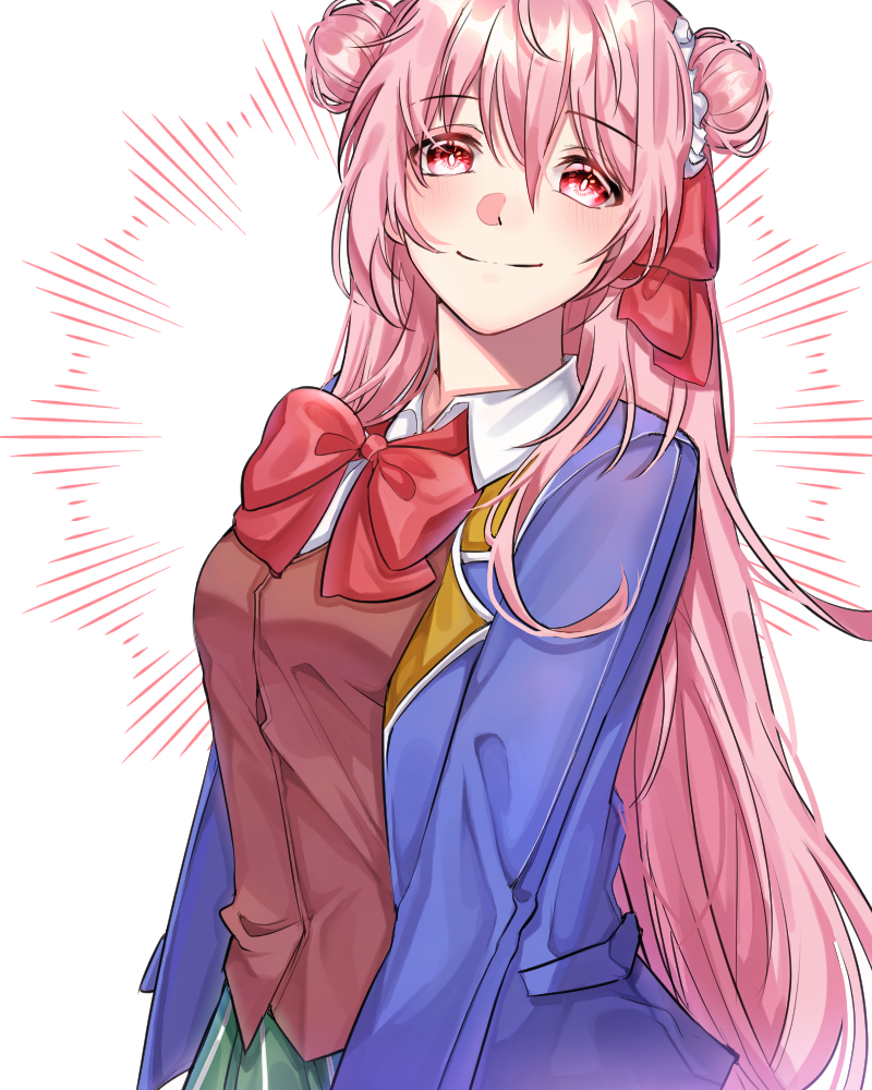 1girl, arms_at_sides, bad_id, bad_pixiv_id, blue_jacket, blush, bow, double_bun