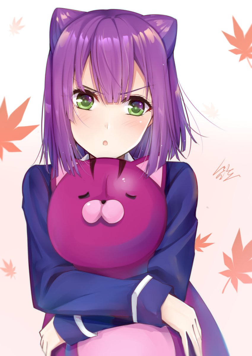 1girl, :o, absurdres, akanegakubo_momo, autumn_leaves, blue_shirt, blush, cat