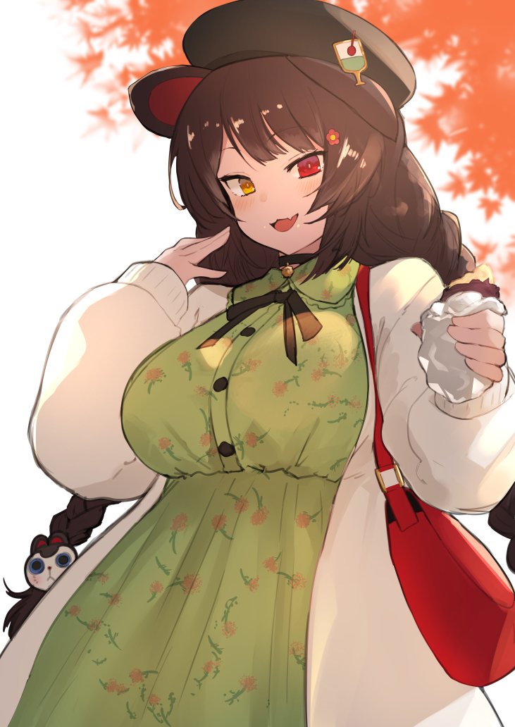 1girl, :3, animal_ears, bad_id, bad_twitter_id, bag, braid, breasts, dress, fang, female_focus, flower, food, green_dress, hair_flower, hair_ornament, handbag, hat, heterochromia, inui_toko, inui_toko_(fall_casual), large_breasts, long_hair, looking_at_viewer, nijisanji, nuezou, potato, raised_eyebrows, red_eyes, roasted_sweet_potato, solo, sweet_potato, twin_braids, very_long_hair, virtual_youtuber, yellow_eyes