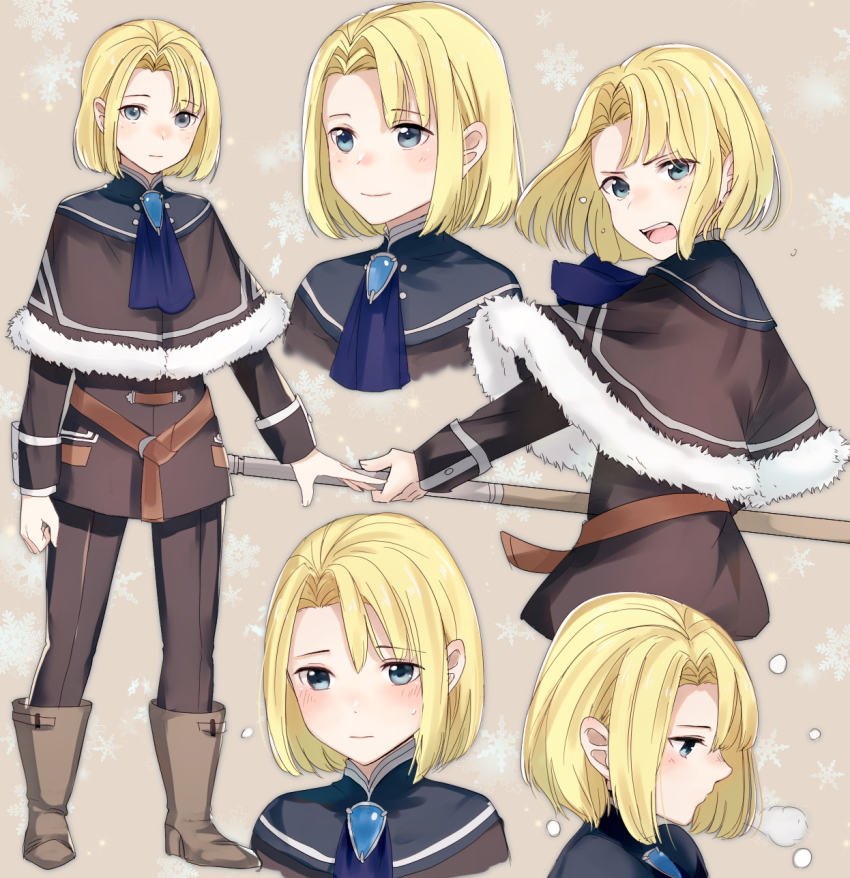 1boy, aged_down, arms_at_sides, ascot, black_capelet, black_pants, blonde_hair, blue_ascot