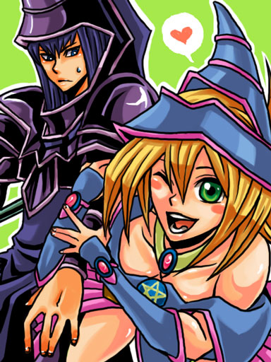 1boy, 1girl, arm_grab, bad_id, bad_pixiv_id, blonde_hair, blue_eyes, dark_magician, dark_magician_girl, duel_monster, green_eyes, hat, kaba-chan, long_hair, skirt, witch_hat, yu-gi-oh!, yuu-gi-ou, yu-gi-oh!_duel_monsters