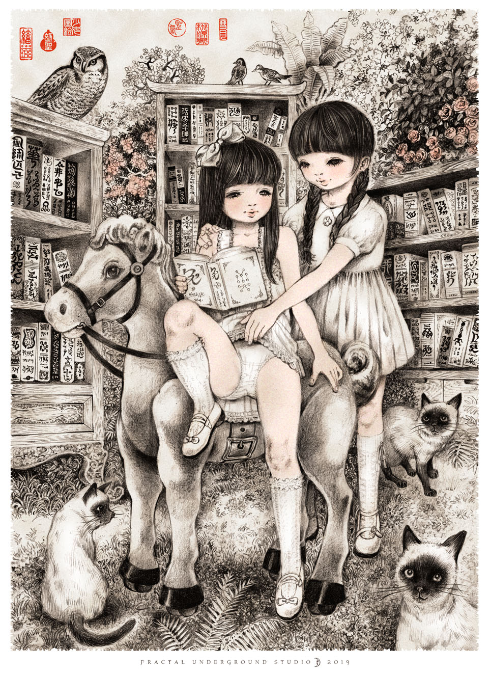 10s, 2019, 2girls, animal, bird, black_hair, blush, book, bookshelf, braid, breasts, cat, clothes_lift, collarbone, crescent, crescent_moon, dress, dress_lift, flat_chest, flower, fractal_underground_studio, hand_on_another's_shoulder, highres, holding, holding_book, horse, kneehighs, lifting_another's_clothes, loli, long_hair, looking_at_another, mary_janes, moon, multiple_girls, original, owl, pink_flower, puffy_sleeves, seal_script, shoes, short_sleeves, sleeveless, sleeveless_dress, small_breasts, smile, socks, traditional_media, tree, twin_braids, upskirt, white_dress, white_shoes, white_socks, white_theme, wooden_horse, yuri