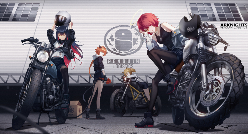 4girls, 86_(nononononoway), absurdres, ankle_boots, arknights, black_footwear, black_jacket, black_legwear