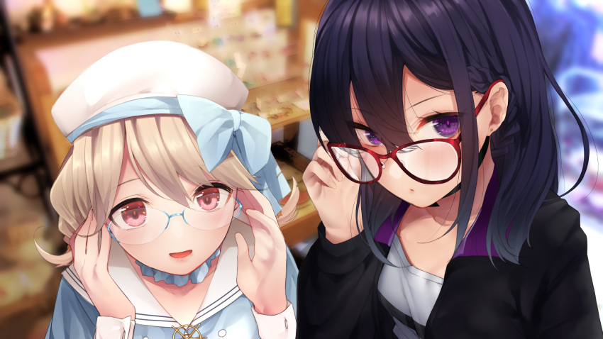 2girls, :d, adjusting_eyewear, beret, black_hair, black_jacket, blue-framed_eyewear, blue_bow